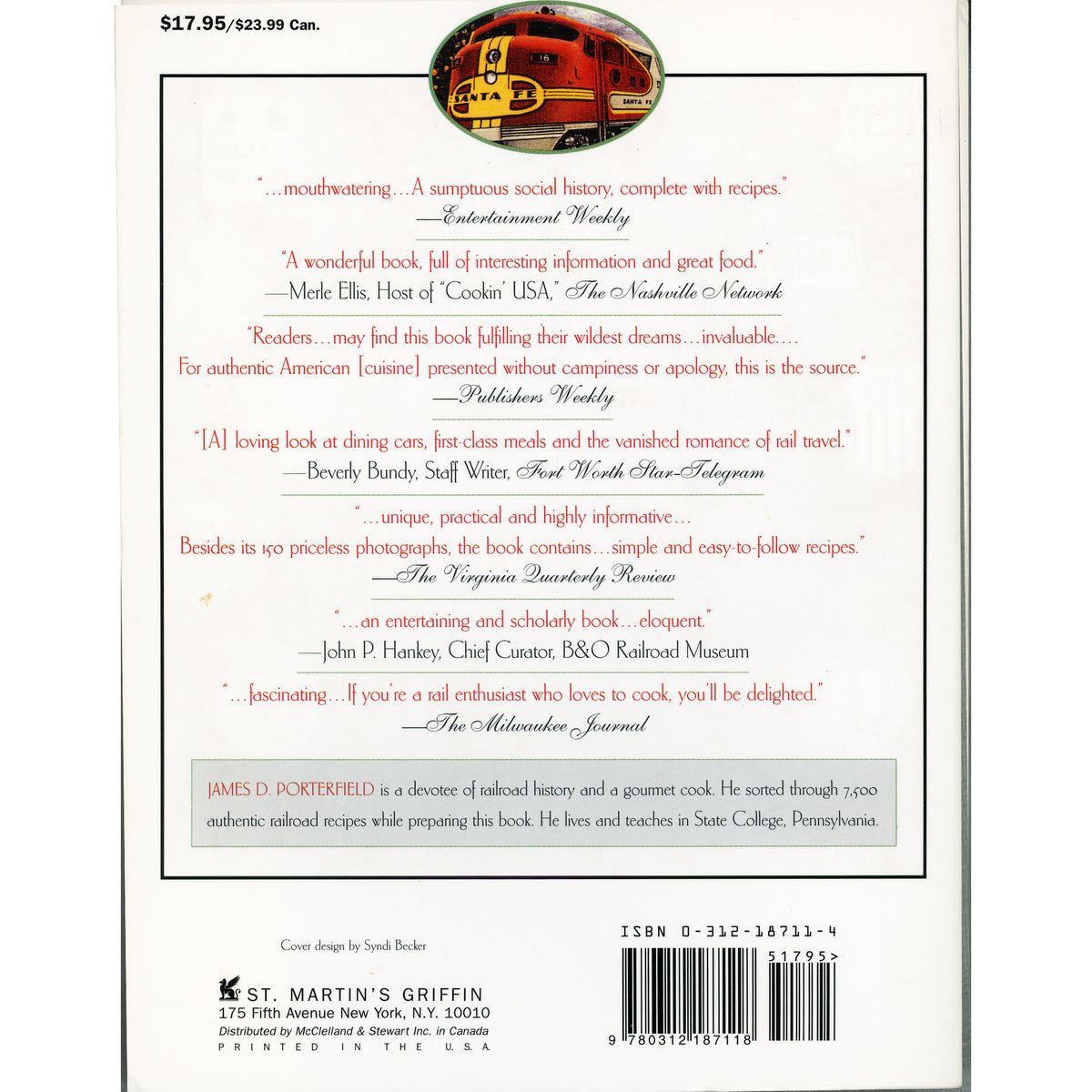 Back cover of the book 'Dining by Rail' by James D. Porterfield, showing review quotes, a small illustration of a vintage train engine, and publisher information.