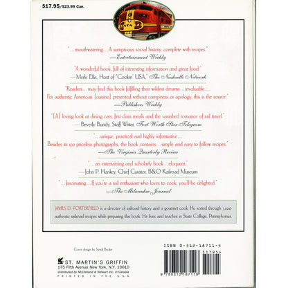 Back cover of the book 'Dining by Rail' by James D. Porterfield, showing review quotes, a small illustration of a vintage train engine, and publisher information.