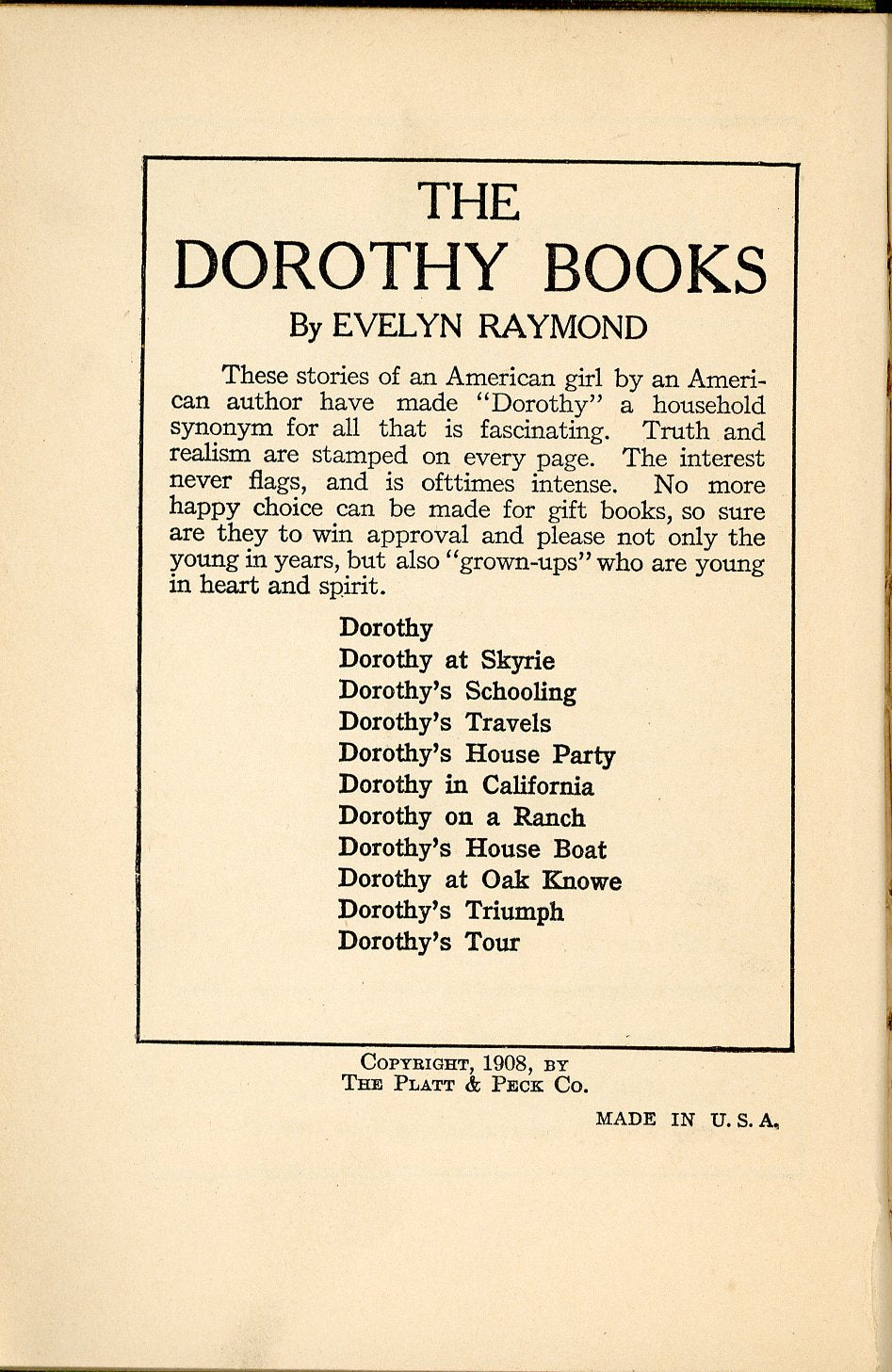 DOROTHY'S TRAVELS by Evelyn Raymond First Edition ©1908 COPYRIGHT PAGE