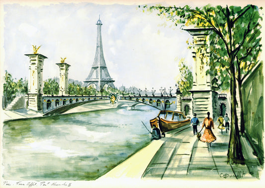PARIS Tower Eiffel Pont Alexandre III Watercolor Print by Claude Ducollet
