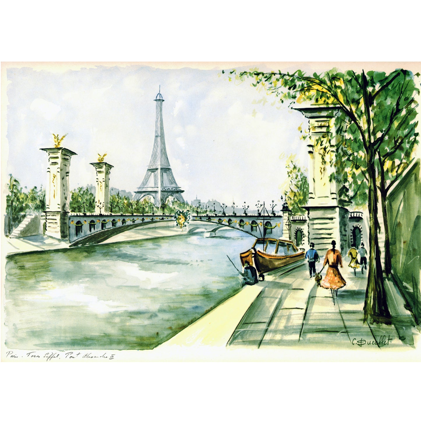 Paris Eiffel Tower & Pont Alexandre III Claude Ducollet print 1950s
