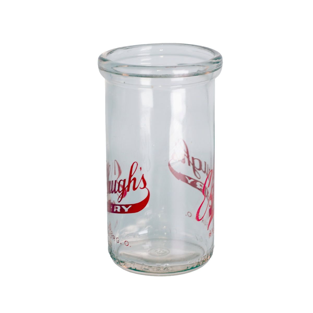 1940s Eshbaugh's Dairy glass jar from Miamisburg, Ohio. Red advertising, 12 oz capacity, and excellent vintage condition.