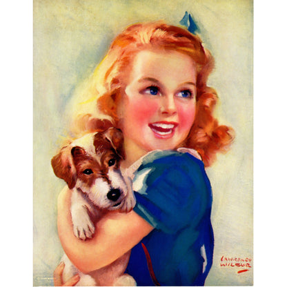 A vintage illustration print featuring a young girl with a Jack Russell Terrier, signed by artist Lawrence Wilbur.