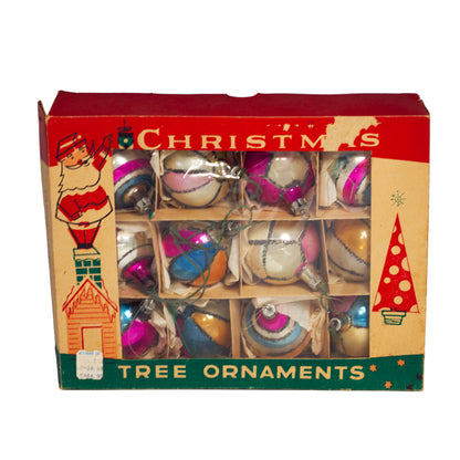 1950s Fantasia Polish glass Christmas ornaments, set of 12 with glitter decoration, original graphic box and W. T. Grant label. Front