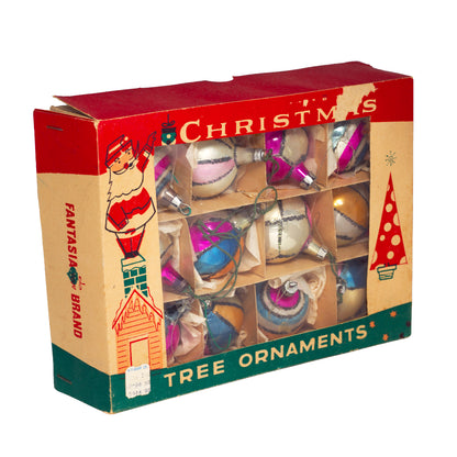 1950s Fantasia Polish glass Christmas ornaments, set of 12 with glitter decoration, original graphic box and W. T. Grant label. Side View 1