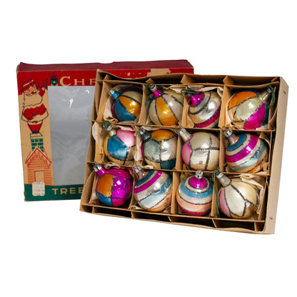 1950s Fantasia Polish glass Christmas ornaments, set of 12 with glitter decoration, original graphic box and W. T. Grant label.