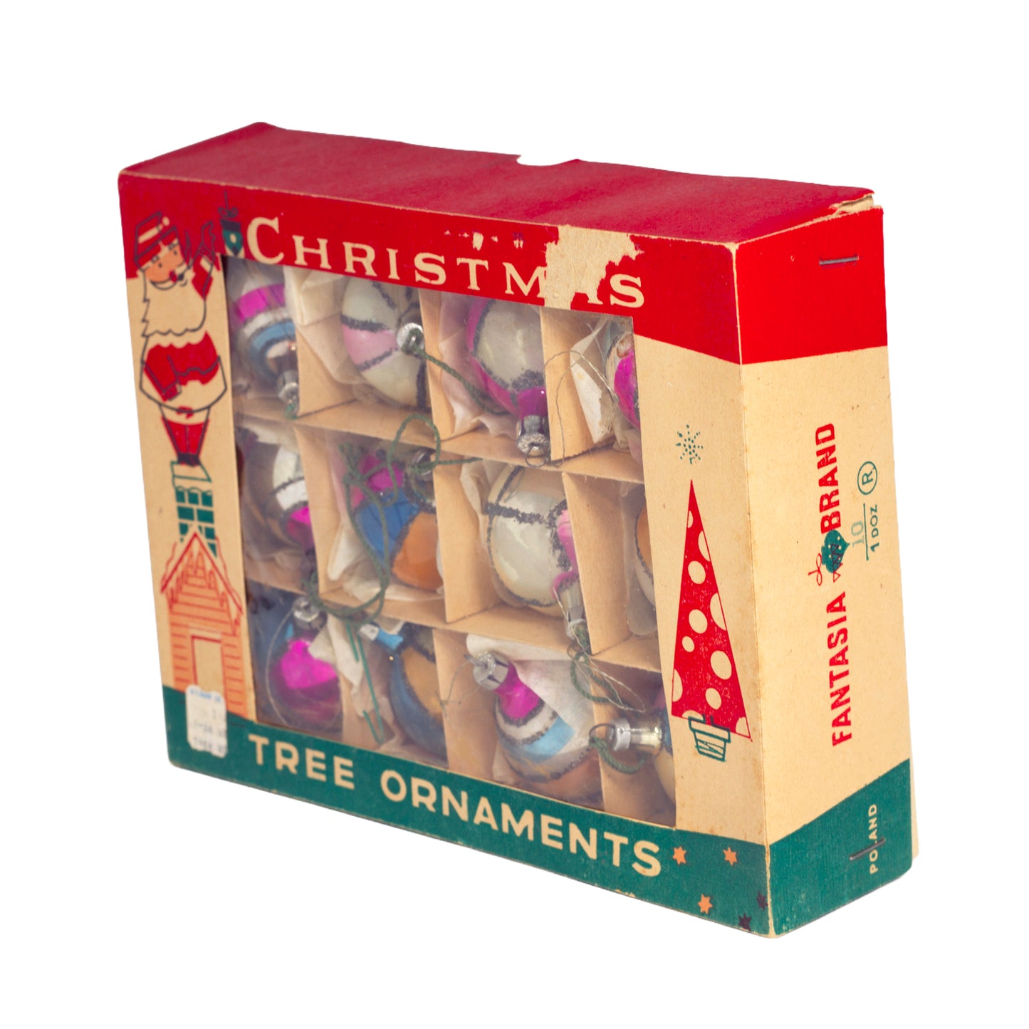 1950s Fantasia Polish glass Christmas ornaments, set of 12 with glitter decoration, original graphic box and W. T. Grant label. POLAND