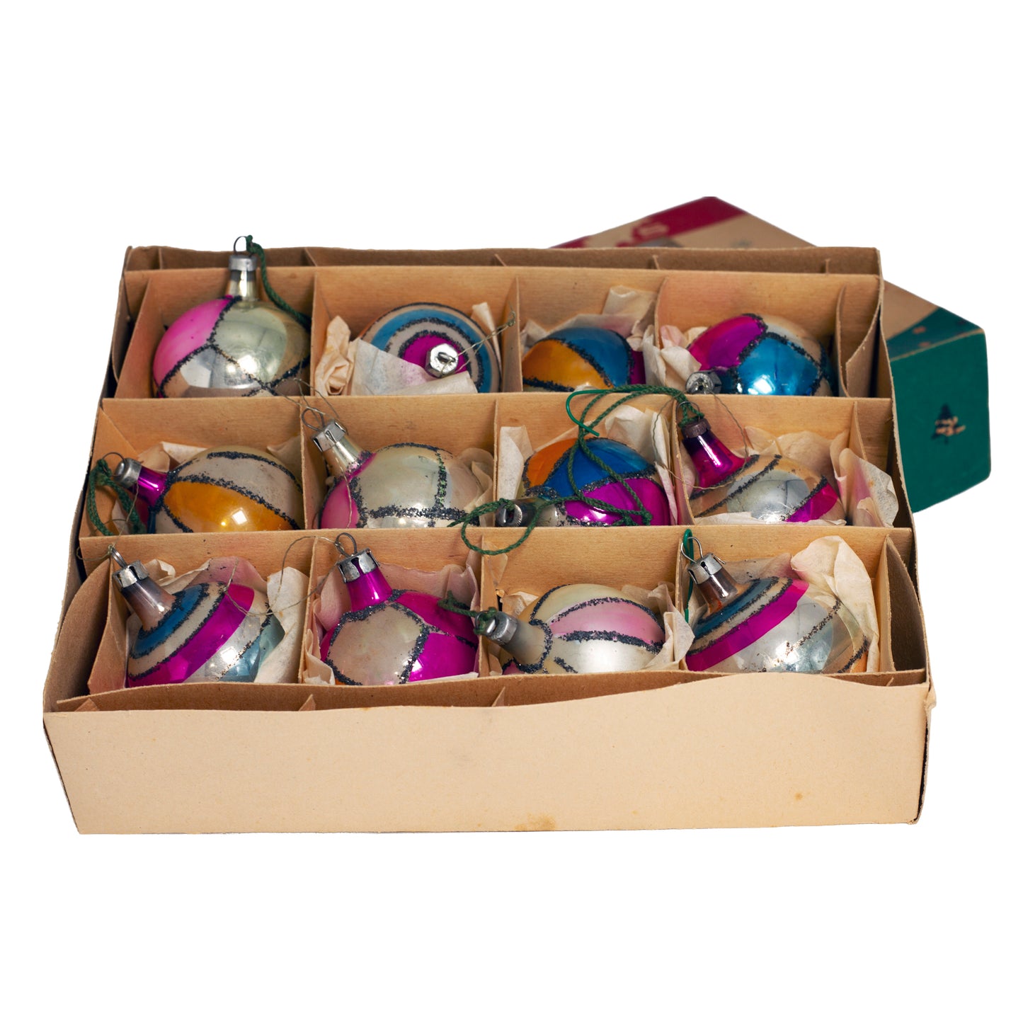 1950s Fantasia Polish glass Christmas ornaments, set of 12 with glitter decoration, original graphic box and W. T. Grant label.