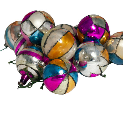 1950s Fantasia Polish glass Christmas ornaments, set of 12 with glitter decoration, original graphic box and W. T. Grant label.