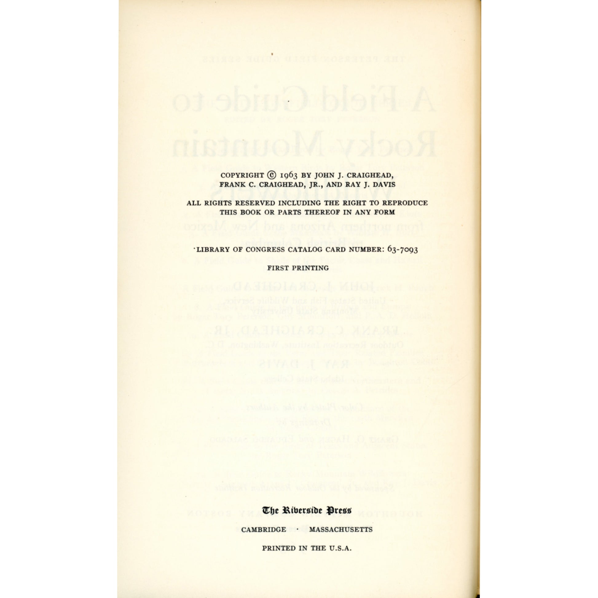 1963 Peterson Field Guide Rocky Mountain Wildflowers Craighead Davis 1st printing (Copyright Page)