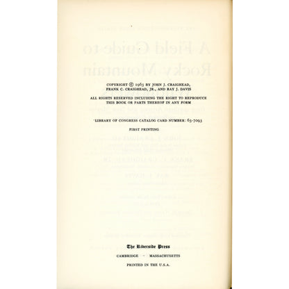1963 Peterson Field Guide Rocky Mountain Wildflowers Craighead Davis 1st printing (Copyright Page)