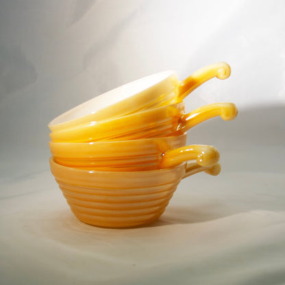 FIRE-KING Peach Lustre Beehive Style Handled Soup Bowls (Set of 4) Circa 1940 - 1960