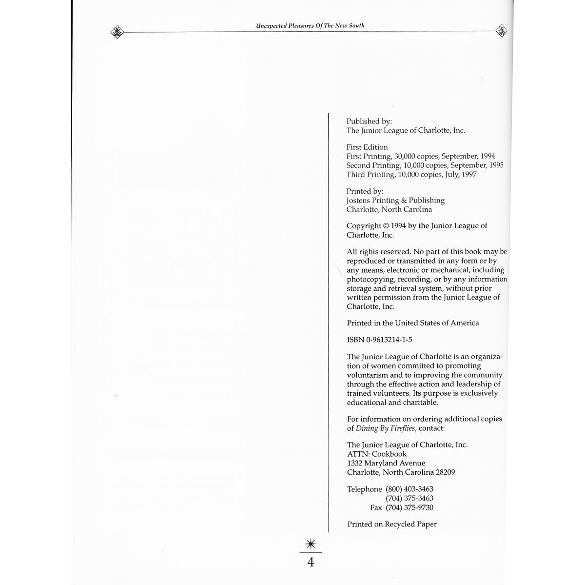 Dining by Fireflies – Junior League of Charlotte First Edition Hard Copy - Title Page