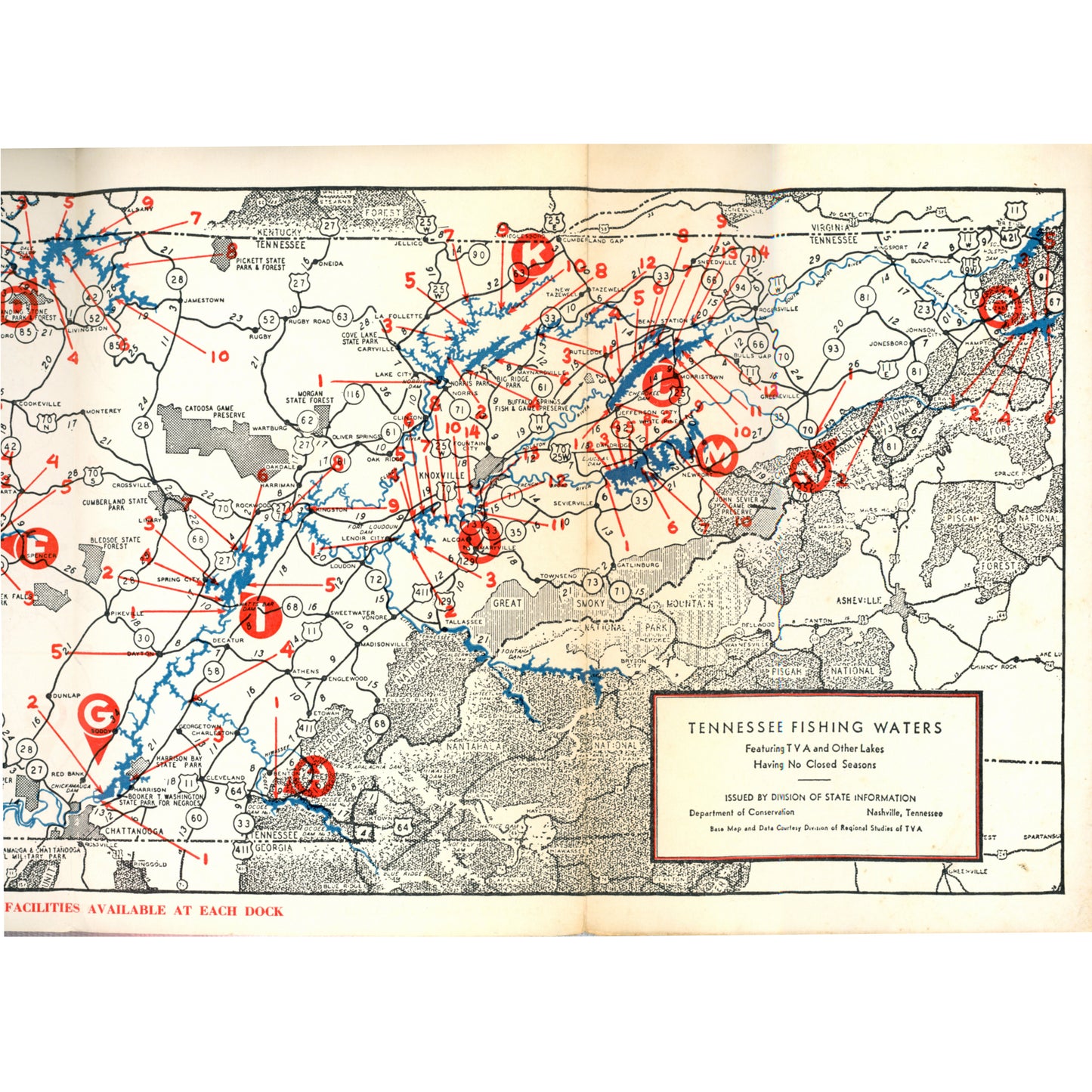 1951 Tennessee Fishing Guide TVA Foldout Map “No Mosquitos – No Closed Season.” Ephemera Map