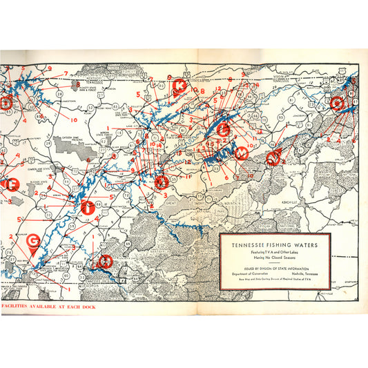 1951 Tennessee Fishing Guide TVA Foldout Map “No Mosquitos – No Closed Season.” Ephemera Map