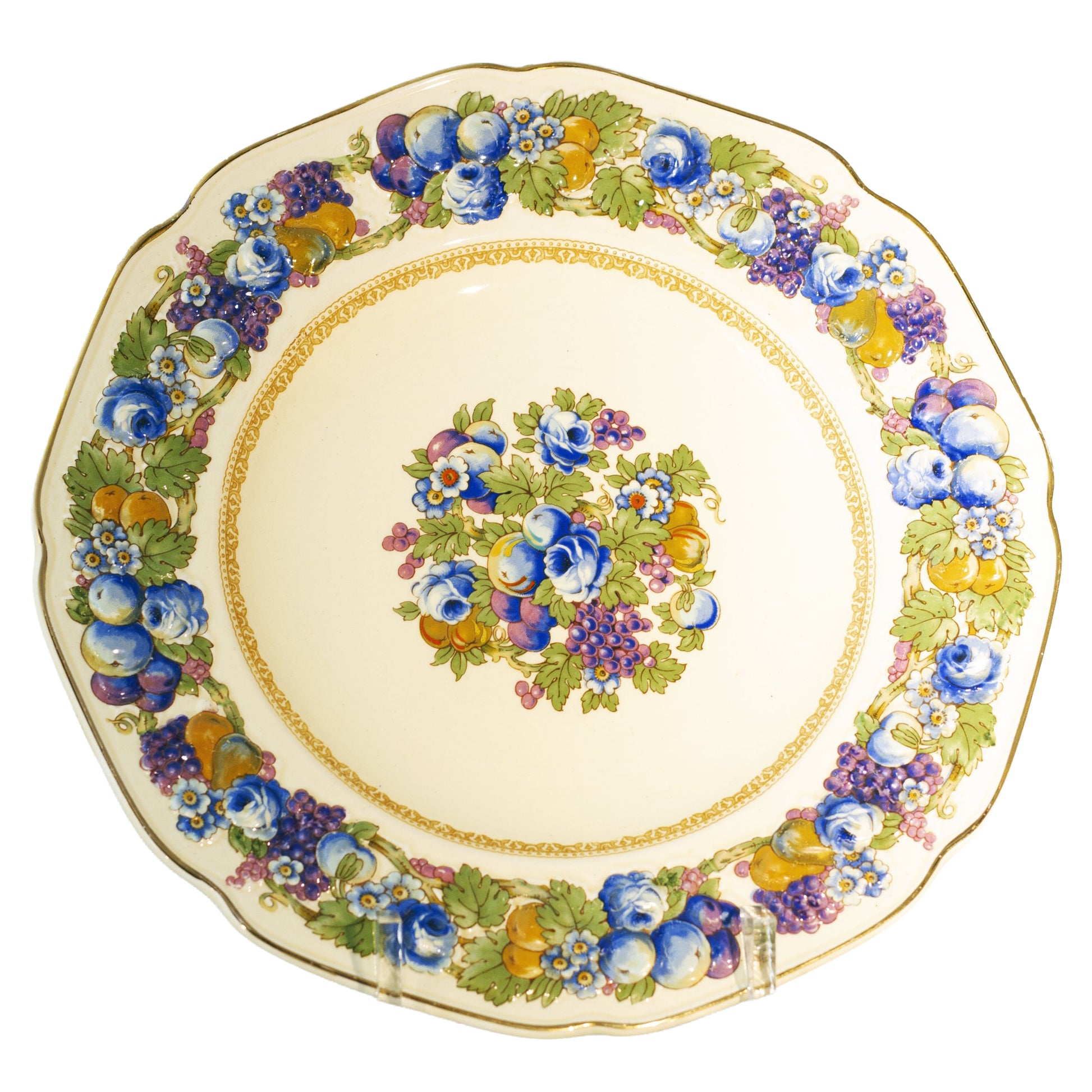 Crown Ducal Florentine dinner plate #1954 with fruit and floral design and gold rim. Fine English porcelain, collectible.