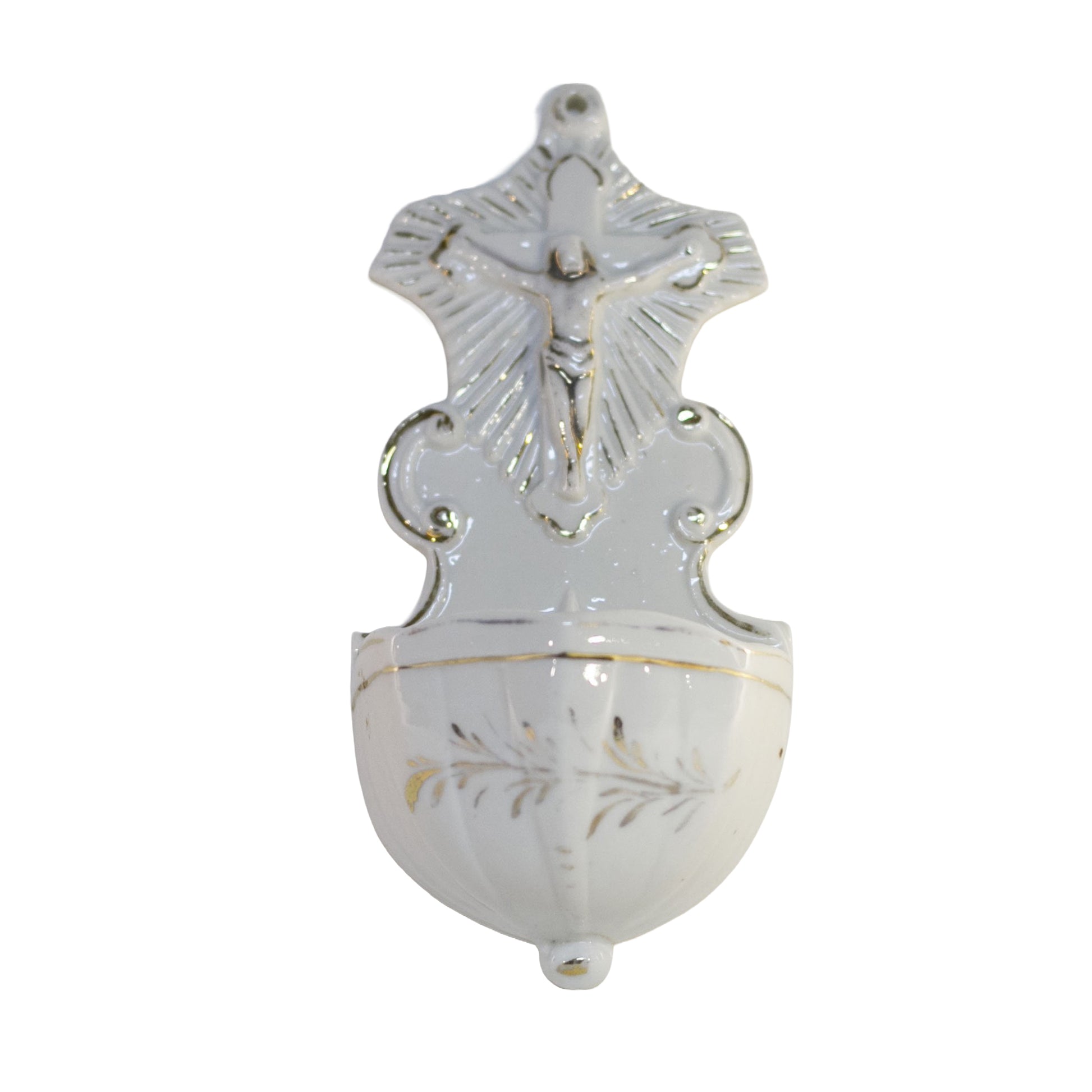 Passion of the Christ Holy Water Font Porcelain Crucifix Wall Font Silvery Gold Gilt
