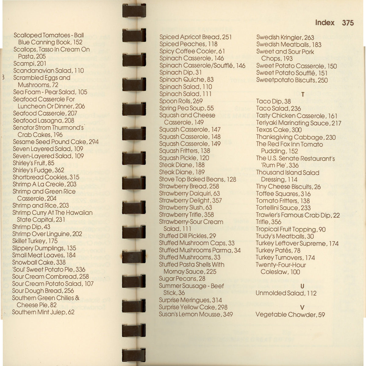 A printed index page from the FoxChase cookbook featuring Trawler's Famous Crab Dip, Senator Strom Thurmond's Crab Cakes, Sugar Pecans, and Seven-Layer Salad. 
