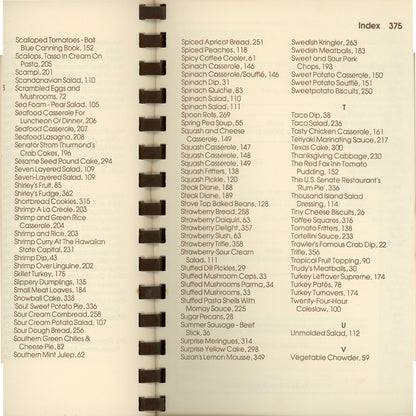 A printed index page from the FoxChase cookbook featuring Trawler's Famous Crab Dip, Senator Strom Thurmond's Crab Cakes, Sugar Pecans, and Seven-Layer Salad. 