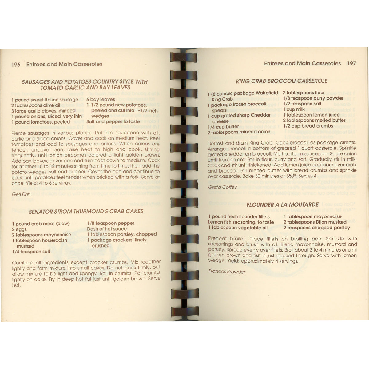 Foxchase cookbook showing Senator Strom Thurmond's Crab Cakes and Sausages and Potato with Tomato Garlic.