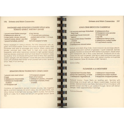 Foxchase cookbook showing Senator Strom Thurmond's Crab Cakes and Sausages and Potato with Tomato Garlic.