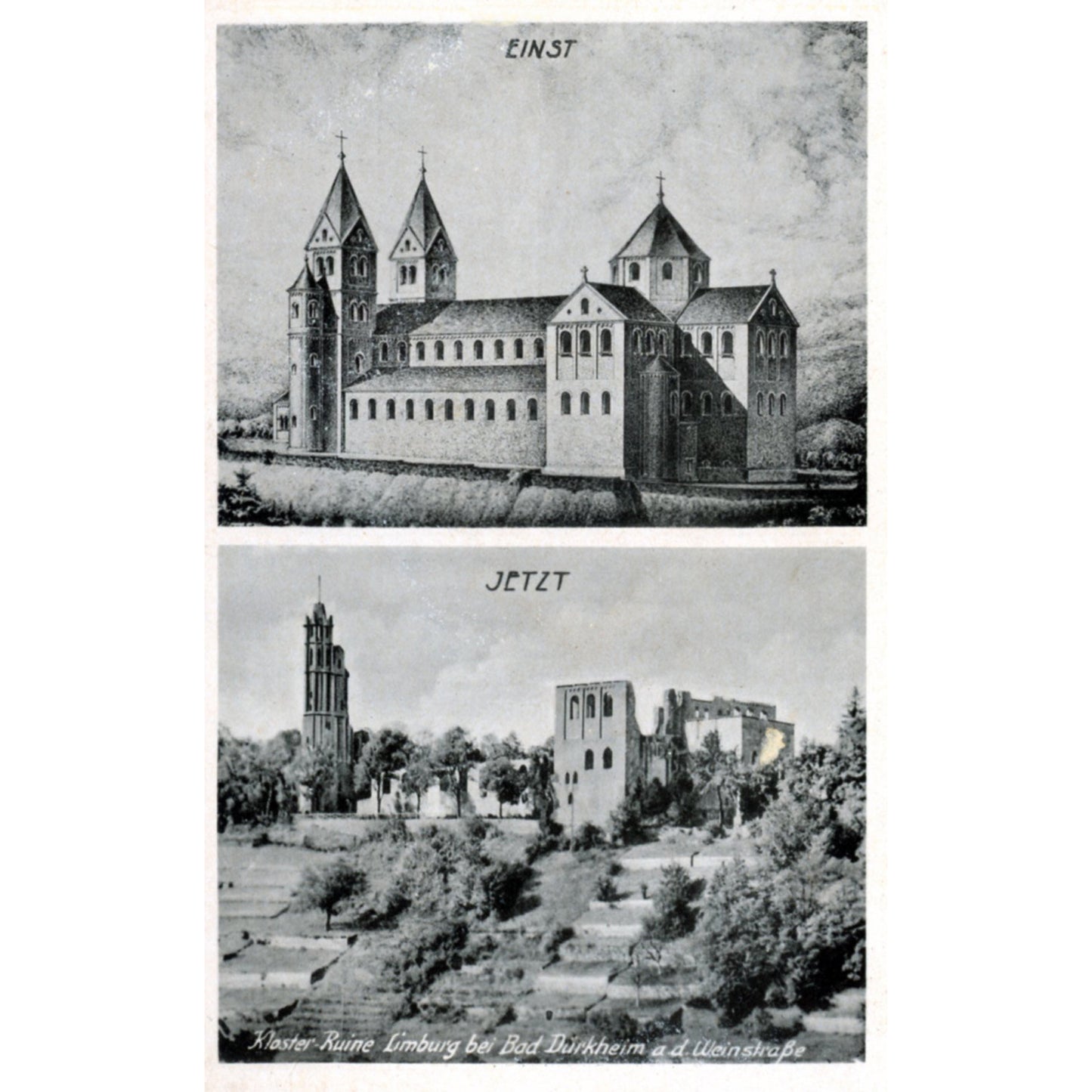 Bad Dürkheim Germany Wine Country | Limberg Abbey Postcard | E.H.M. M/1320 Before and After Split View