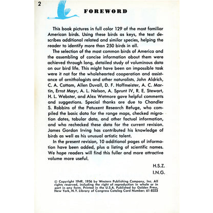 Vintage Golden Guide Birds (1949/1956) by Zim & Gabrielson. Early pocket bird guide with color illustrations. Forward