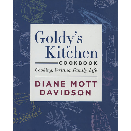 Goldy's Kitchen Cookbook by Diane Mott Davidson--book cover featuring a white central title block with navy and burgundy text over a dark blue background with faint kitchen utensil illustrations.