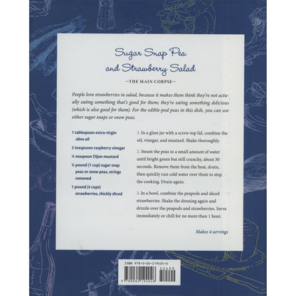 Back cover of the Goldy's Cookbook featuring a recipe for 'Sugar Snap Peas and Strawberry Salad' on a dark blue illustrated background and a barcode at the bottom.