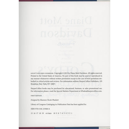 The title page for 'Goldy's Kitchen Cookbook' by Diane Matt Davidson, showing copyright details and publisher information for HarperCollins Publishers.