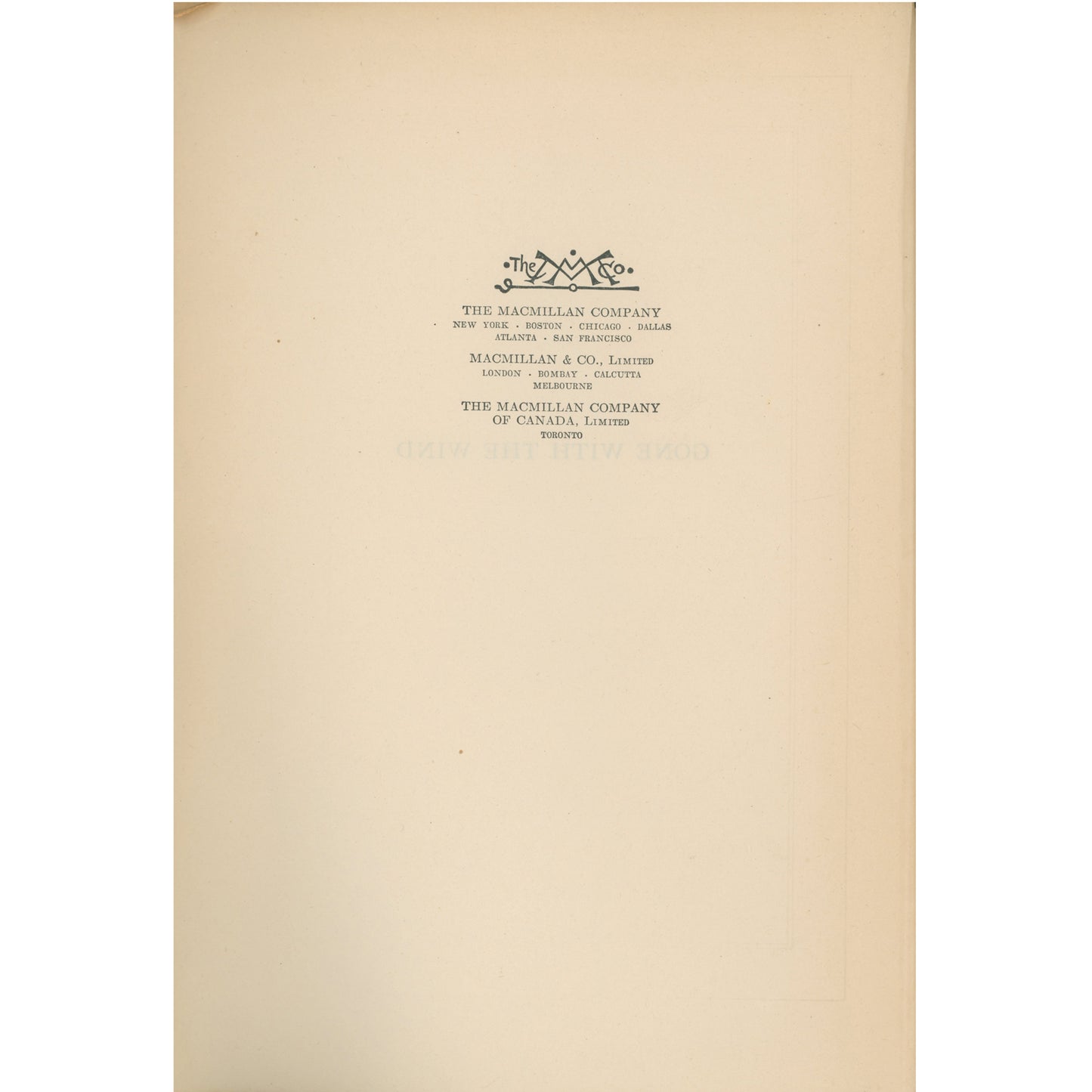 Early 1937 Macmillan printing of Gone With the Wind. Brown cloth binding, very good condition, with a 1937 Swedish inscription. A striking collectible classic. Publisher page.
