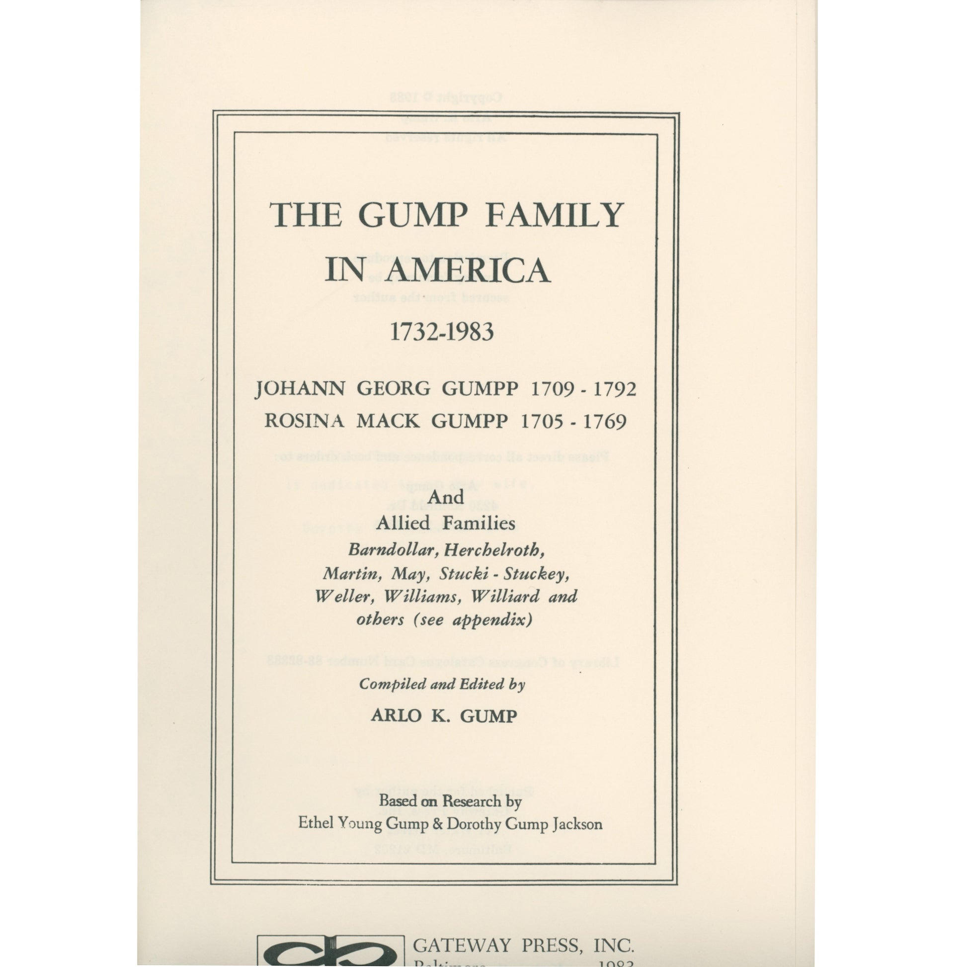 Comprehensive Gump/Gumpp genealogy (1732–1983) with photos, German origins, and Midwest migration. Gateway Press hardcover. Title Page