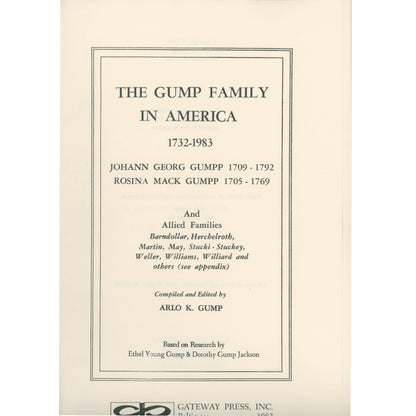 Comprehensive Gump/Gumpp genealogy (1732–1983) with photos, German origins, and Midwest migration. Gateway Press hardcover. Title Page