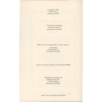 Comprehensive Gump/Gumpp genealogy (1732–1983) with photos, German origins, and Midwest migration. Gateway Press hardcover. Copyright page