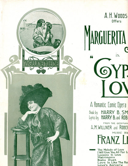 Partitura de la opereta "Gypsy Love" de 1911 - Portada con foto de Marguerita Sylva (Tamaño grande)