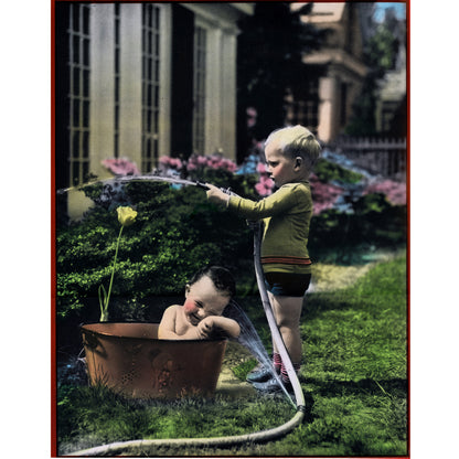 “Niño pequeño regando el jardín” – Prueba original de arte comercial coloreada a mano de H. Armstrong Roberts de 1933