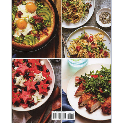 Back cover to The Happy in a Hurry Cookbook by Steve and Kathy Doocy--New York Time best selling authors. featuring a four-panel food photography collage showing prepared meals: a breakfast pizza with eggs and avocado, spaghetti with tomatoes and greens, a fruit salad with star-shaped cheese and blackberries, and grilled chicken with arugula. 