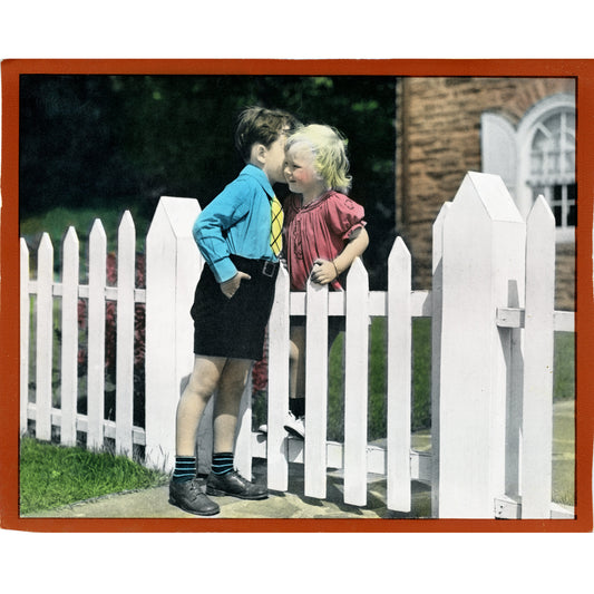 Harold M. Lambert 1936 Photograph Boy Kissing Girl Over Fence Colorized