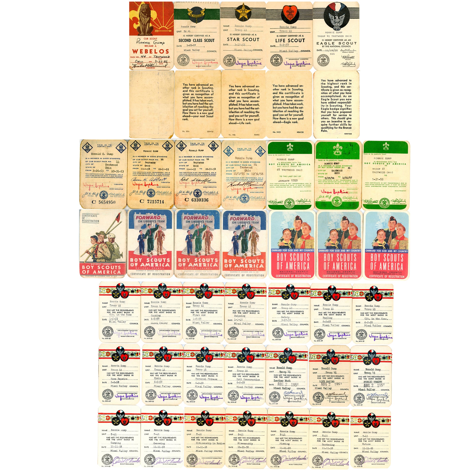 Complete 33-card Boy Scout archive documenting Ronnie Gump’s journey from Cub Scout to Eagle Scout, Trotwood Ohio, 1953-1959.