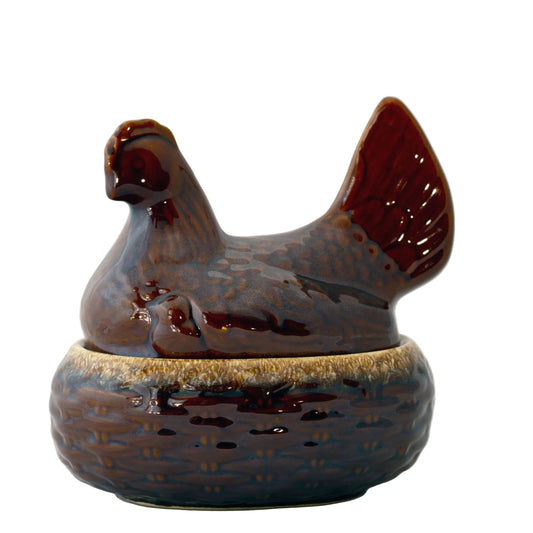 Hull Pottery House ’n Garden Chicken Covered Servers | Hen on Nest Casserole & Large Chicken Platter | Mirror Brown Drip Glaze