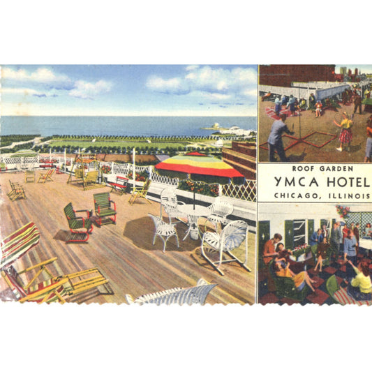 Vintage Curt Teich linen postcard featuring the YMCA Hotel roof garden in Chicago, Illinois. Colorful 1940s travel souvenir postcard. Front