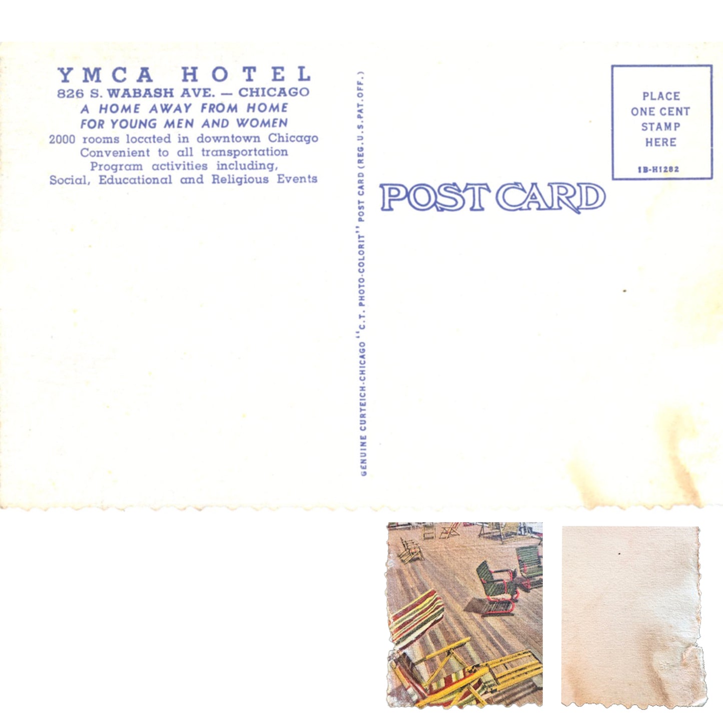Vintage Curt Teich linen postcard featuring the YMCA Hotel roof garden in Chicago, Illinois. Colorful 1940s travel souvenir postcard. Back