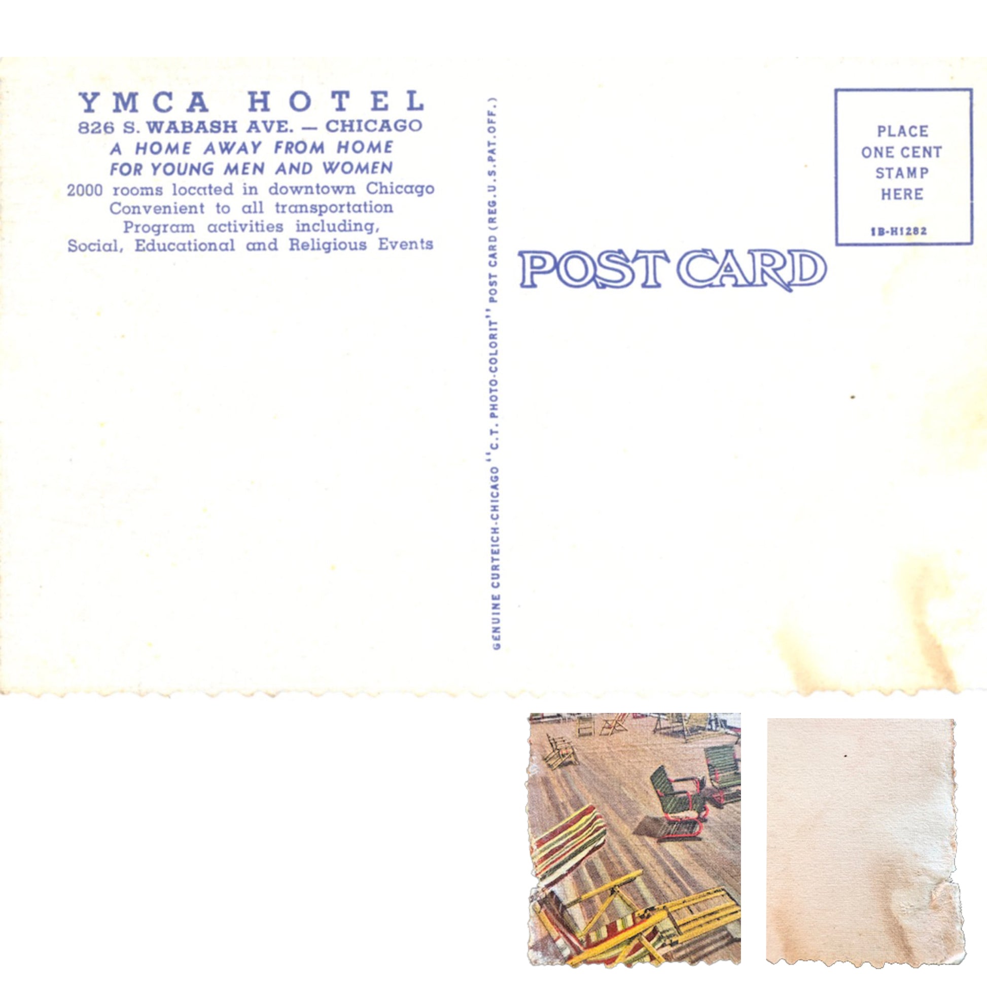 Vintage Curt Teich linen postcard featuring the YMCA Hotel roof garden in Chicago, Illinois. Colorful 1940s travel souvenir postcard. Back
