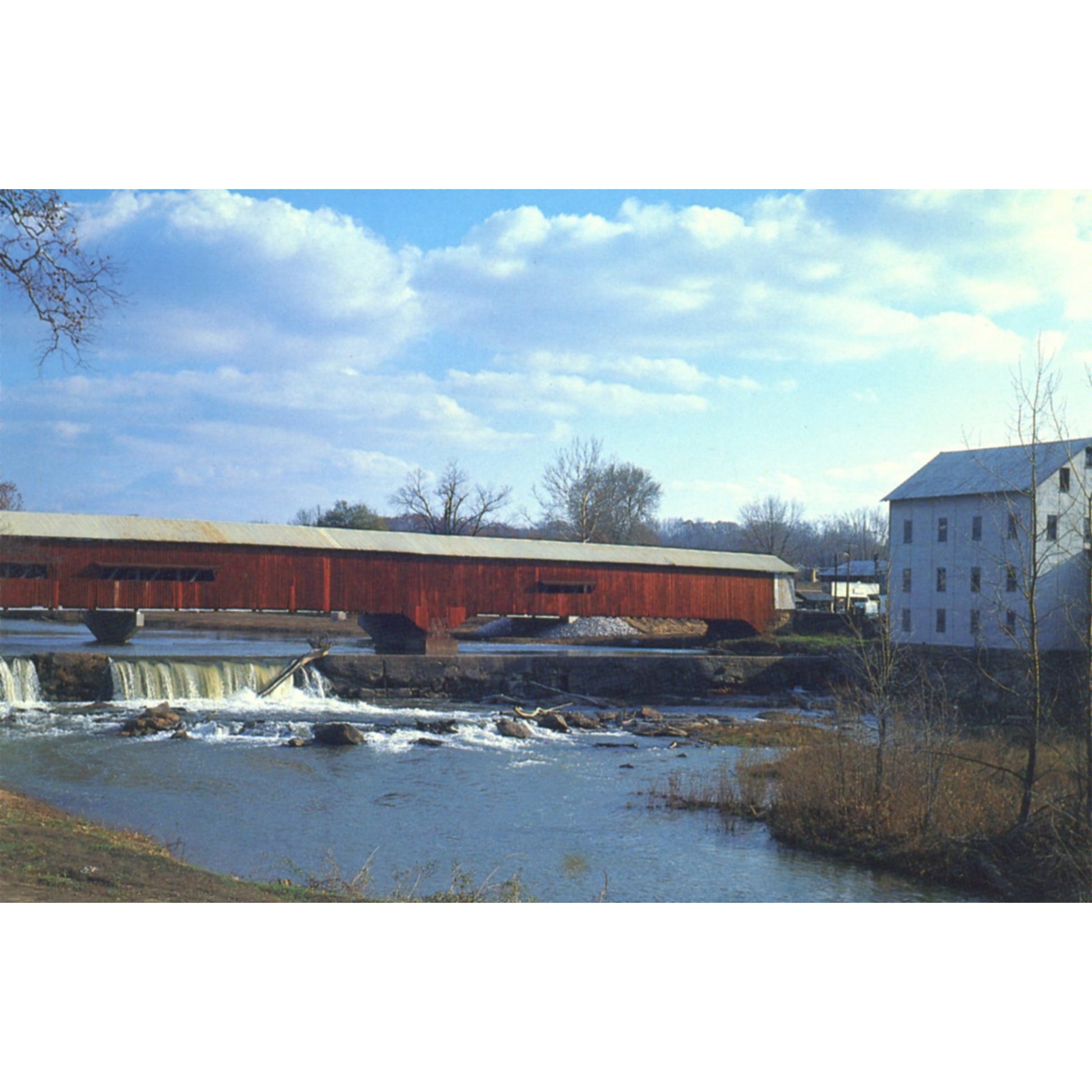 Bridgeton Covered Bridge & Grist Mill Over Big Racoon Creek in Parke County Indiana Chrome Era Postcard