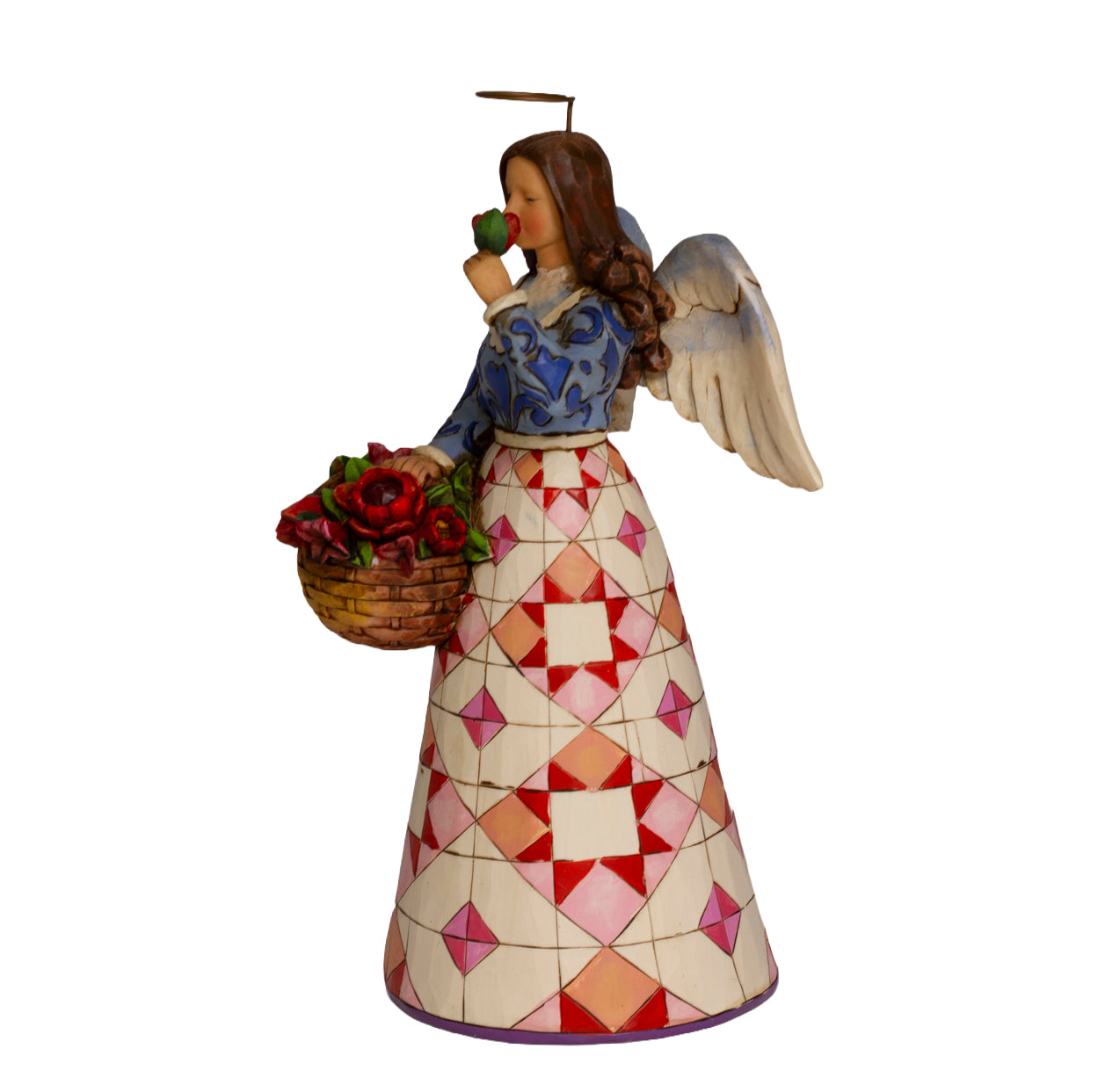 Jim Shore Heartwood Creek Smell The Flowers angel, 2007, item 4008943. Retired collectible with pink quilt skirt, floral basket, and original box.