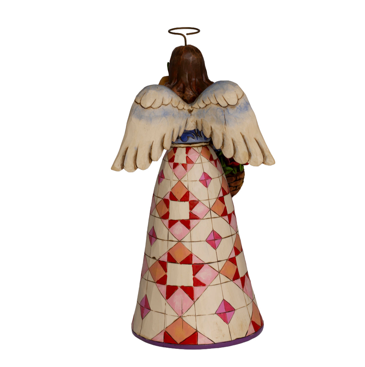Jim Shore Heartwood Creek Smell The Flowers angel, 2007, item 4008943. Retired collectible with pink quilt skirt, floral basket, and original box. 3