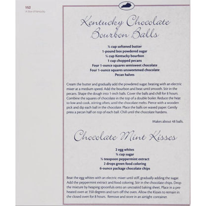 A printed recipe page from the Slice of Kentucky cookbook titled 'Kentucky Chocolate Bourbon Balls' and 'Chocolate Mint Kisses,' showing step-by-step instructions and ingredient lists on a white page with a gray border.
