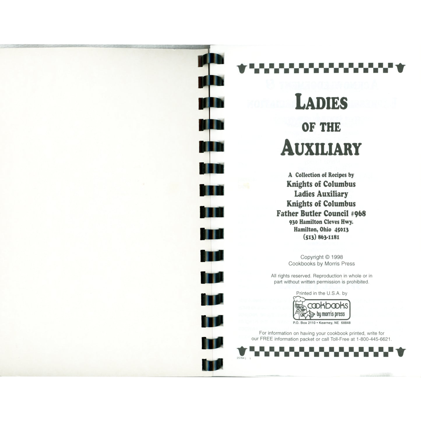 Ladies of the Auxiliary Knights of Columbus #968 Cookbook (1998) Copyright Page