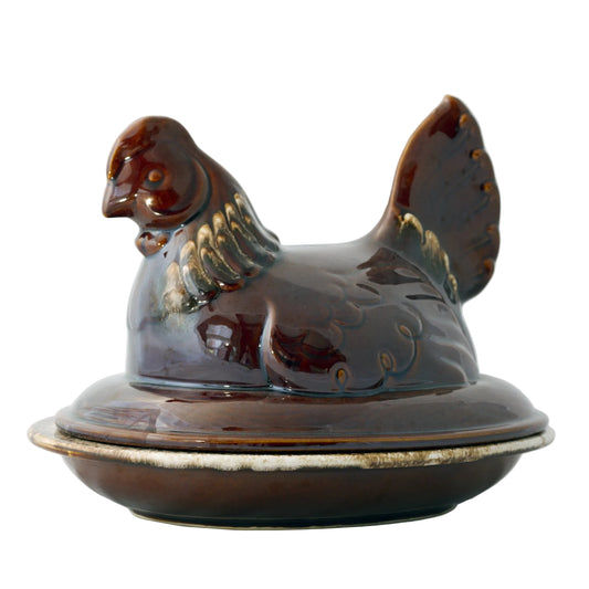 Hull Pottery House ’n Garden Chicken Covered Servers | Hen on Nest Casserole & Large Chicken Platter | Mirror Brown Drip Glaze