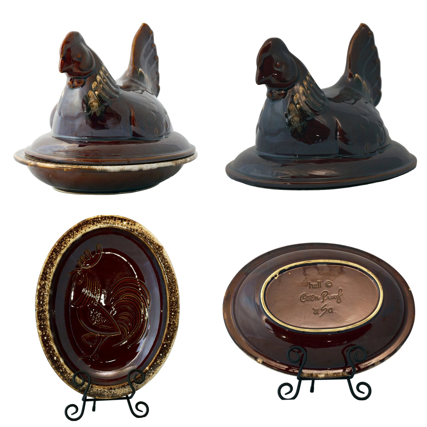 Hull Pottery House ’n Garden Chicken Covered Servers | Hen on Nest Casserole & Large Chicken Platter | Mirror Brown Drip Glaze